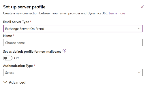 Screenshot della selezione del profilo del server Exchange Server locale