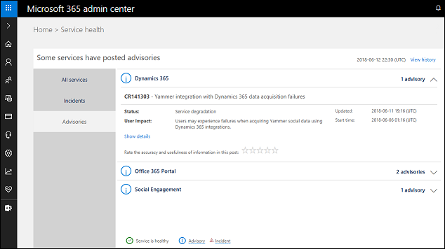 Problema del servizio dell'Interfaccia di amministrazione di Microsoft 365.