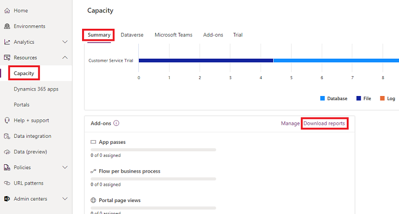 Screenshot che mostra la pagina Capacità in  Power Platform interfaccia di amministrazione ed evidenzia collegare per scaricare i report.