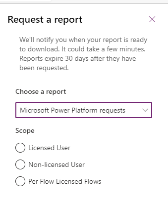 Schermata che mostra il menu a discesa per i report delle richieste. Power Platform 