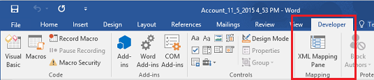 Seleziona il riquadro di mapping XML nella barra multifunzione di Word.