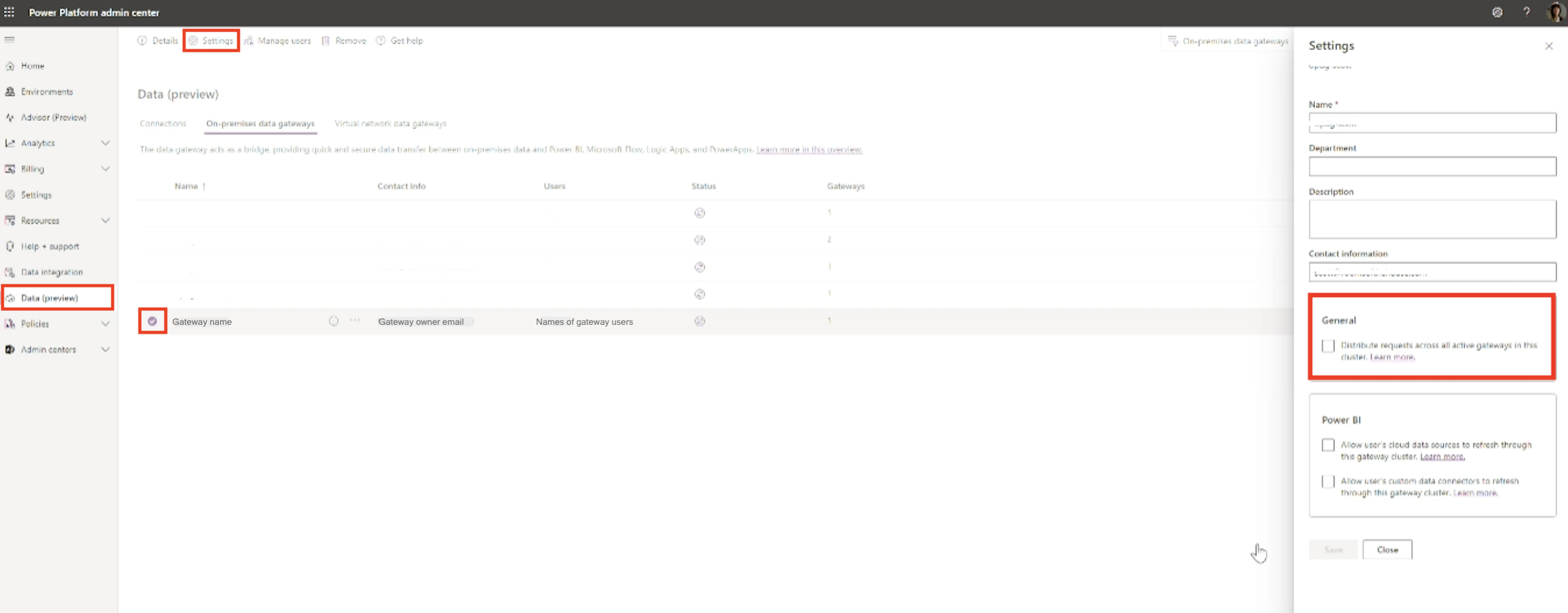 Seleziona un gateway e accedi al riquadro Impostazioni per assicurarti che il bilanciamento del carico casuale sia disattivato.