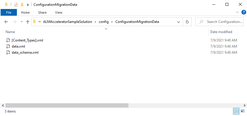 Screenshot dei dati di migrazione della configurazione decompressi nella directory ConfigurationMigrationData.