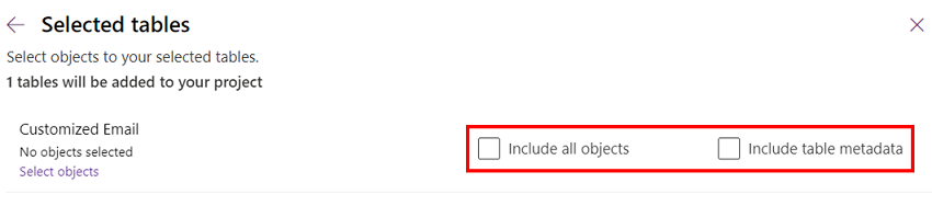 Screenshot che mostra le caselle di controllo Includi tutti gli oggetti e Includi metadati tabella