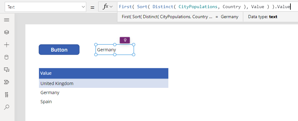 Output della funzione Distinct che mostra il primo paese o area geografica per nome.