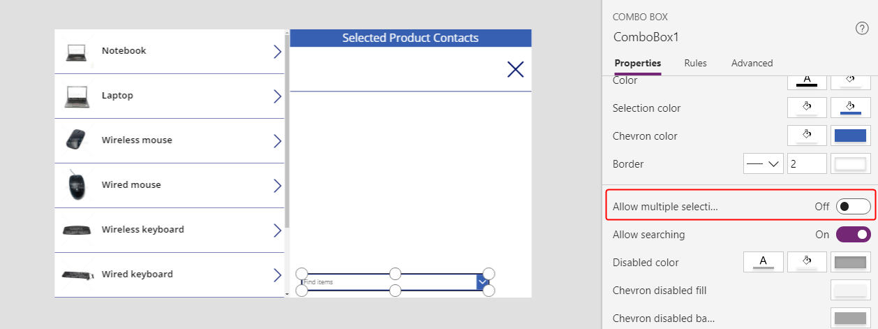 Configurare la proprietà Layout della casella combinata.