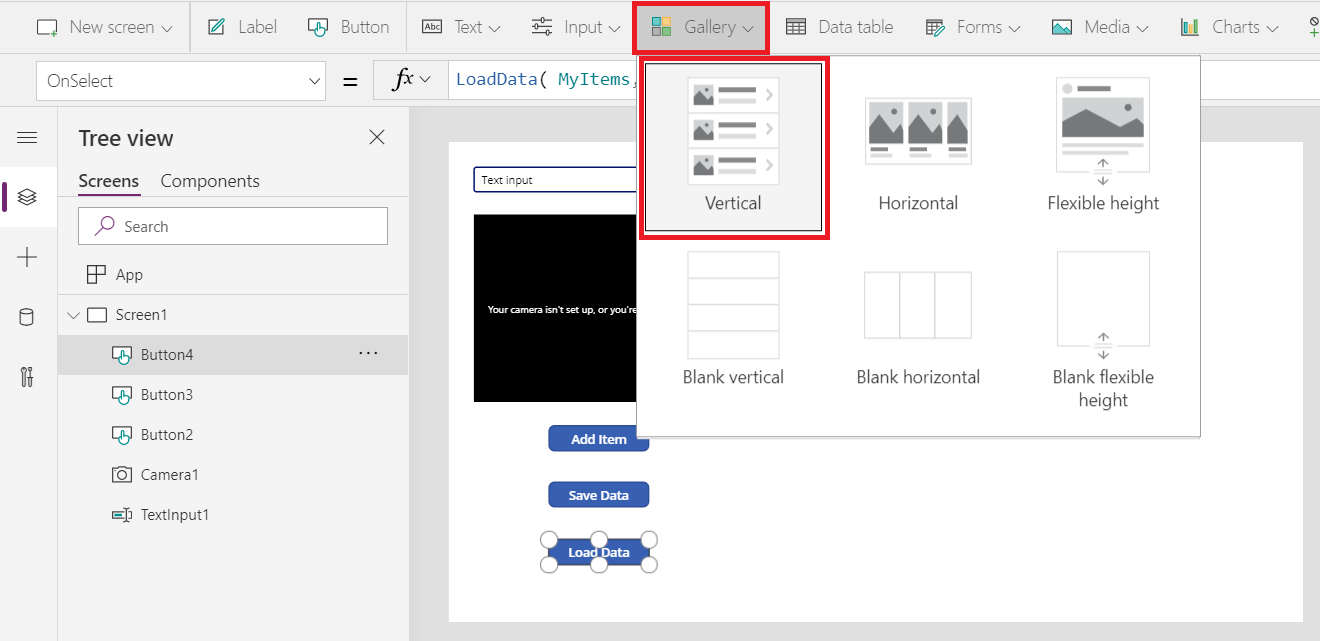 Selezione del controllo Gallery e layout 