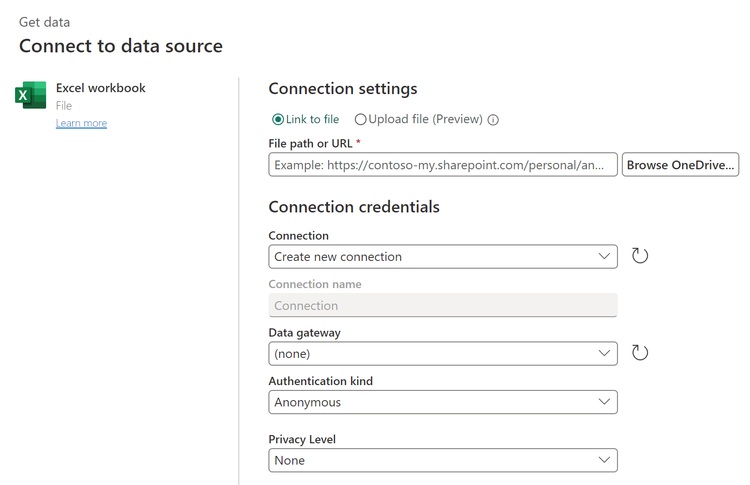 Screenshot delle informazioni di connessione per accedere alla cartella di lavoro di Excel.