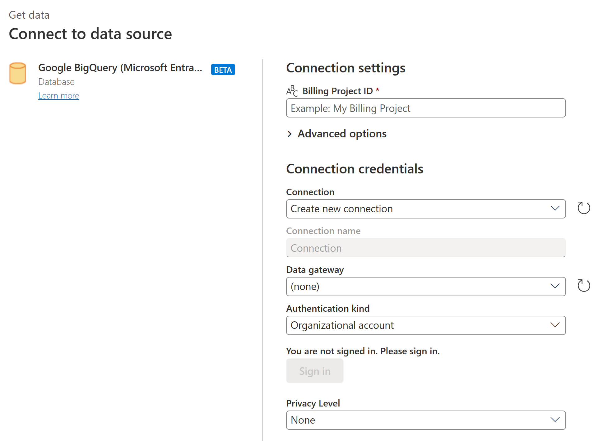 Screenshot della finestra di dialogo Connessione all'origine dati in cui immettere le credenziali e le impostazioni di connessione di Google BigQuery (Microsoft Entra ID).