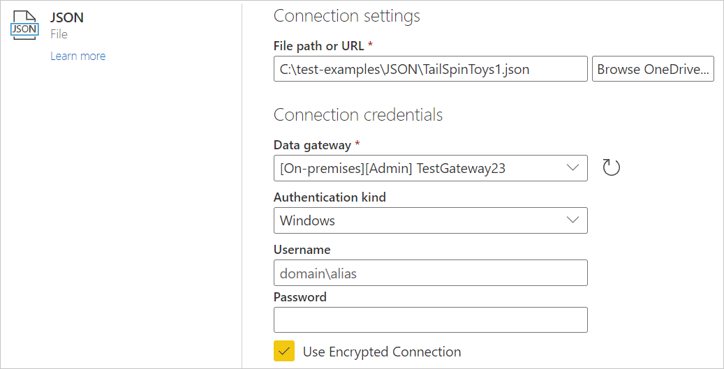 Immagine della finestra di dialogo di impostazione della connessione JSON dal servizio online, con un percorso di file, un gateway dati e autenticazione di Windows tipo visualizzato.