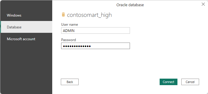 Immagine della finestra di dialogo credenziali, con Database selezionato e il nome utente e la password predefiniti del database immessi.