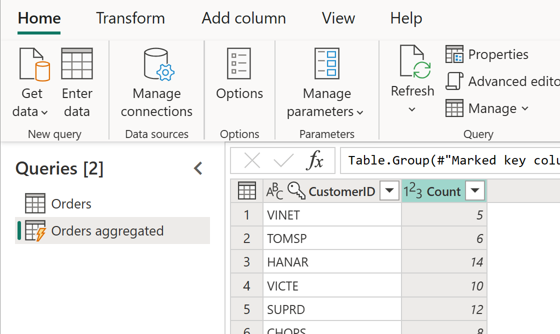 Screenshot della tabella aggregata Orders con la colonna Customer evidenziata.