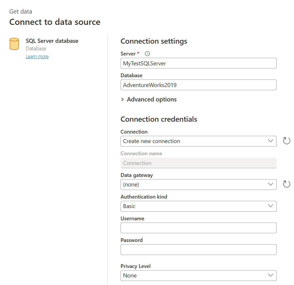 Screenshot delle impostazioni di connessione e delle credenziali di connessione per una connessione dati.