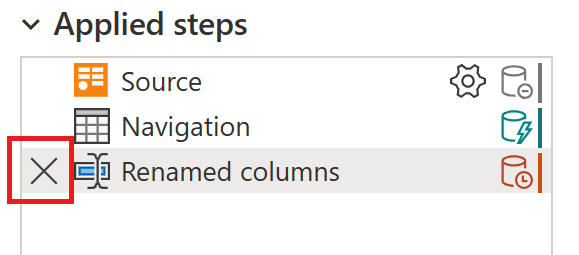 Screenshot dell'elenco dei passaggi applicati con la X accanto al passaggio evidenziato.