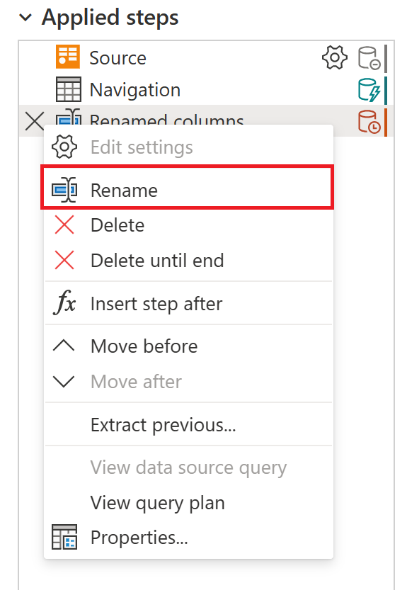 Screenshot del menu dei passaggi con l'opzione di ridenominazione evidenziata.