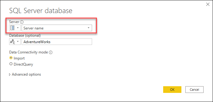 Finestra di dialogo del database di SQL Server con il parametro per il nome del server.