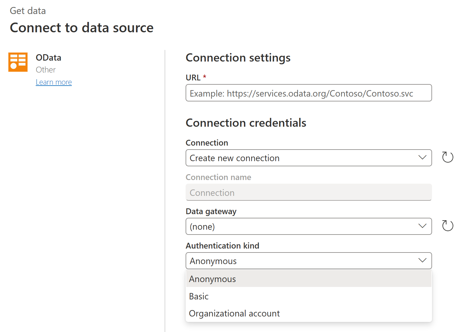 Screenshot del Connessione alle finestre dell'origine dati per il connettore OData in Power Query Online.