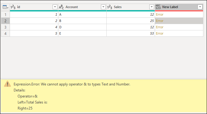 Errore di espressione nel riquadro degli errori causato dal tentativo di applicare un operatore And al testo e a un numero dalla colonna Sales.