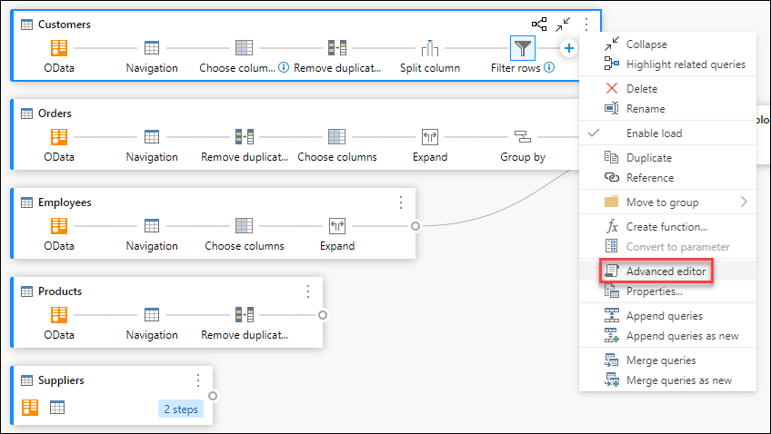 Opzione Editor avanzato all'interno del menu contestuale della query.