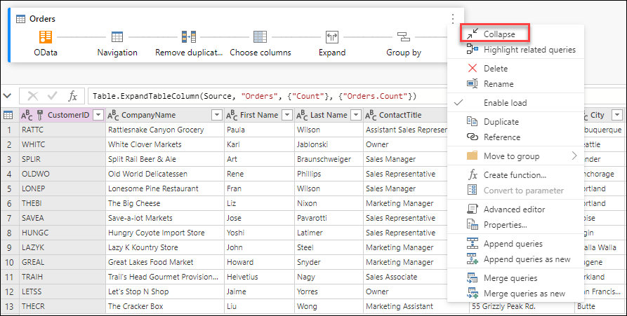 Pulsante Comprimi all'interno del menu di scelta rapida della query dopo aver fatto clic con il pulsante destro del mouse sulla query.