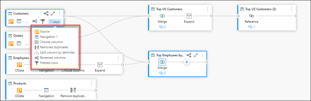 Callout che mostra i passaggi disponibili nella query Clienti dopo il passaggio del mouse sul numero di passaggi etichetta nella query.