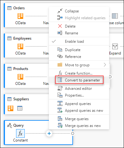 Opzione Converti in parametro all'interno del menu contestuale della query.