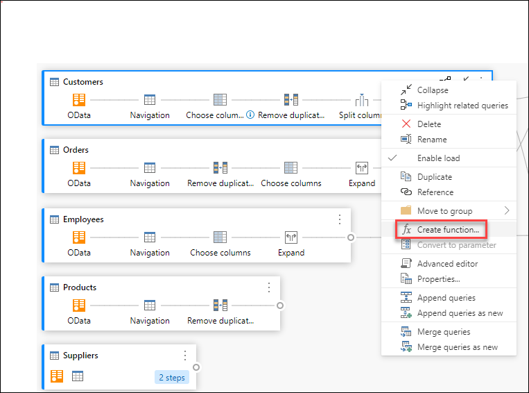 Opzione Crea funzione all'interno del menu contestuale della query.