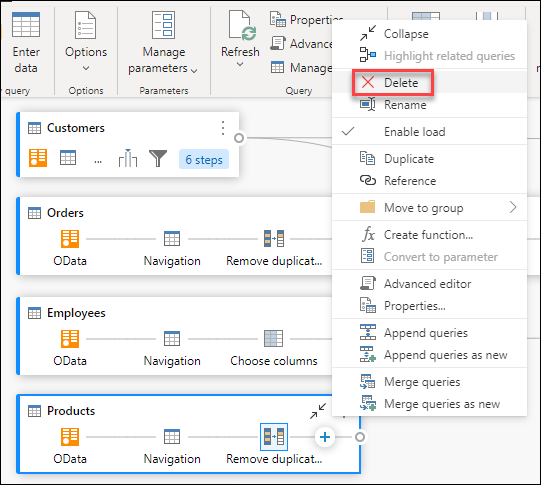 Opzione Elimina all'interno del menu contestuale della query.