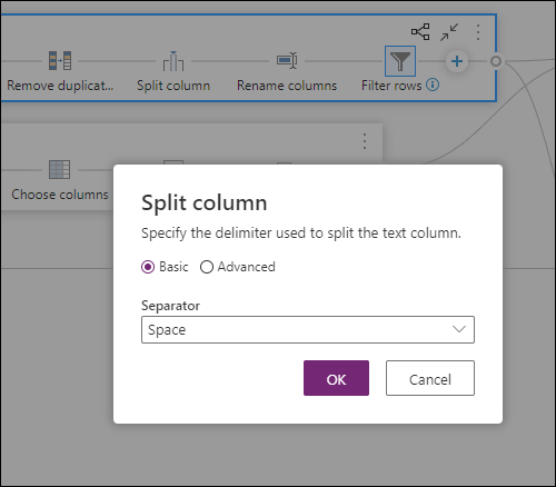 Impostazioni finestra di dialogo per il passaggio Split column di una query.