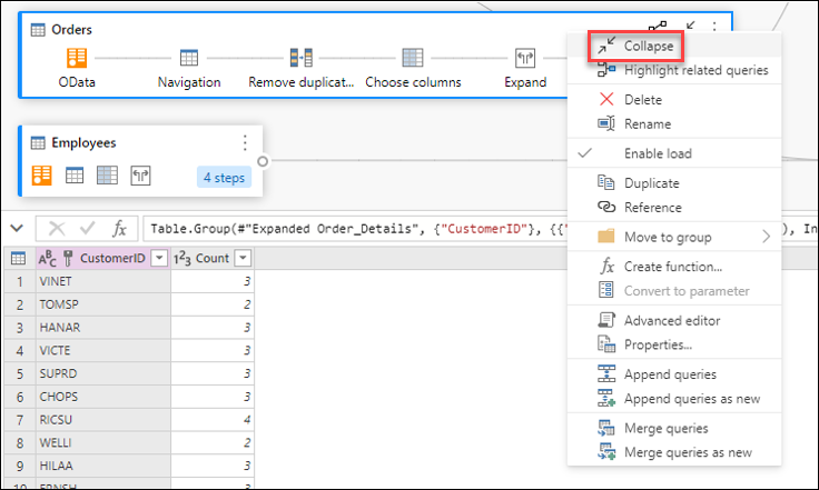 Evidenziando il pulsante di compressione nel menu di scelta rapida della query.