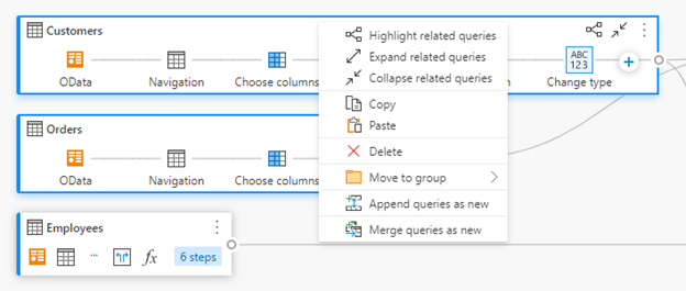 Nella visualizzazione diagramma tre query evidenziate in blu chiaro che sono state selezionate più, con un menu di scelta rapida in una casella rossa che visualizza diverse operazioni.