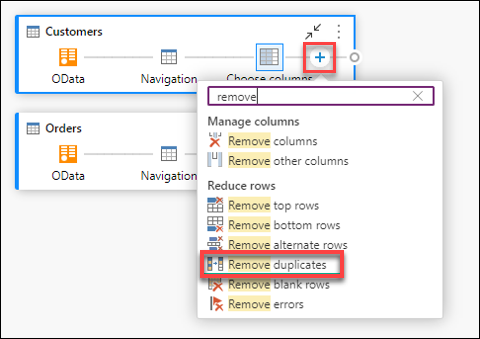 Esempio di utilizzo dell'icona + in una query per aggiungere un nuovo passaggio nella query.