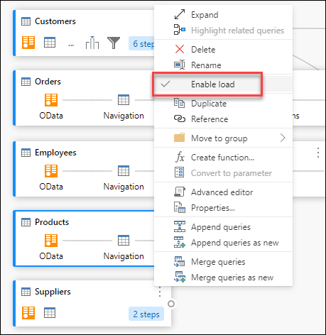 Abilitare l'opzione di caricamento all'interno del menu contestuale della query.