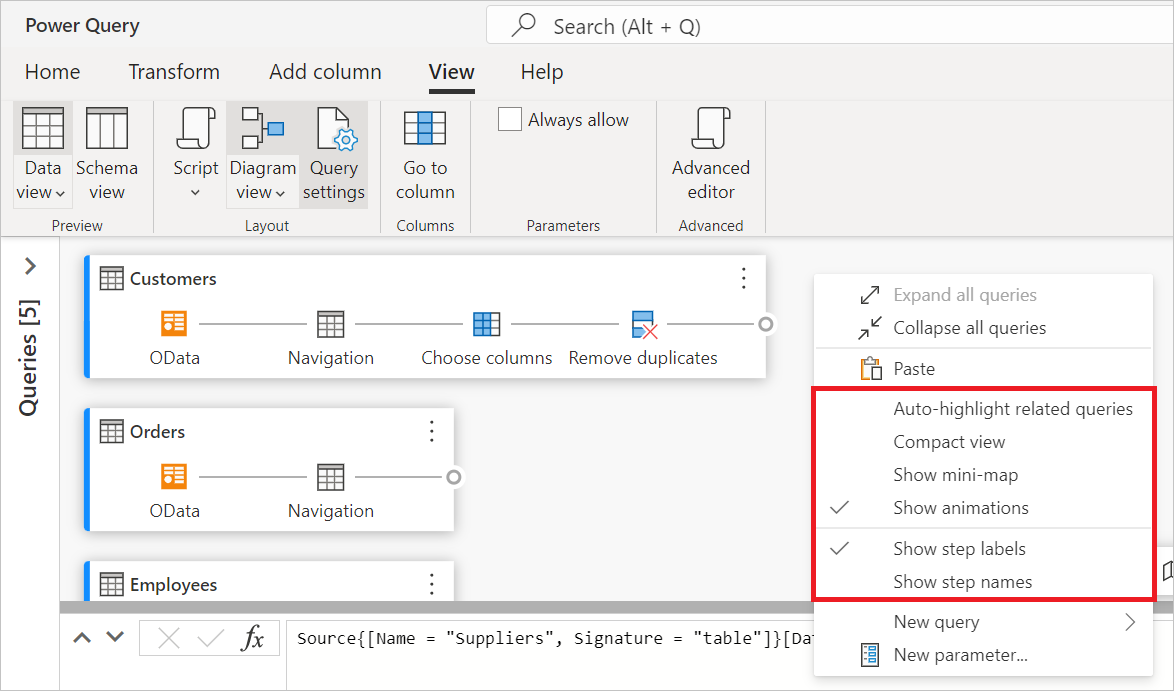 Screenshot che mostra l'impostazione della visualizzazione diagramma dopo aver fatto clic con il pulsante destro del mouse su parte vuota dello sfondo.