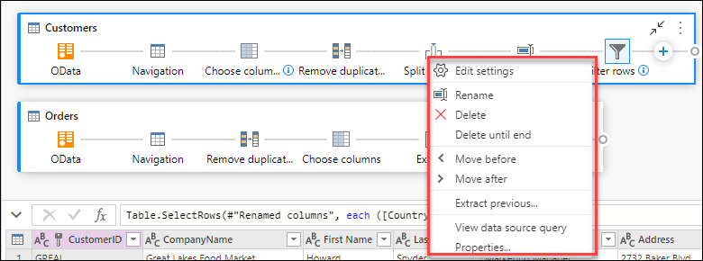 Azioni a livello di passaggio visualizzate nel menu contestuale dopo aver fatto clic con il pulsante destro del mouse su un passaggio.