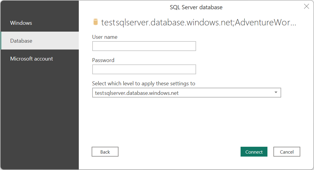 Screenshot dei metodi di autenticazione del connettore di database di SQL Server.