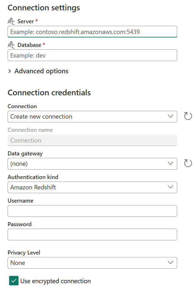 Finestra di dialogo Connetti all'origine dati con tutte le informazioni per creare una nuova connessione immessa.