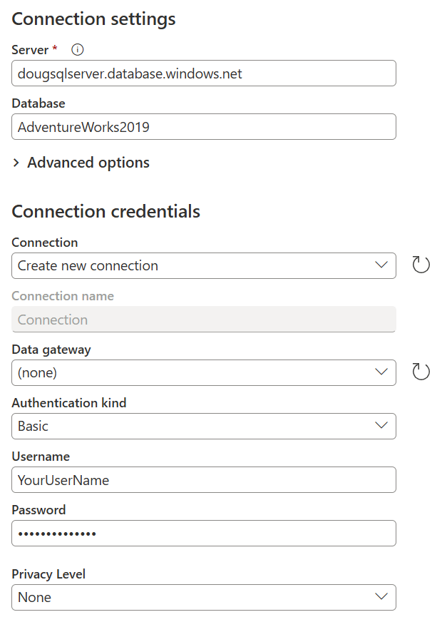 Finestra di dialogo Connetti all'origine dati in cui è stato selezionato il nome della connessione dal menu a discesa all'interno del campo di connessione.