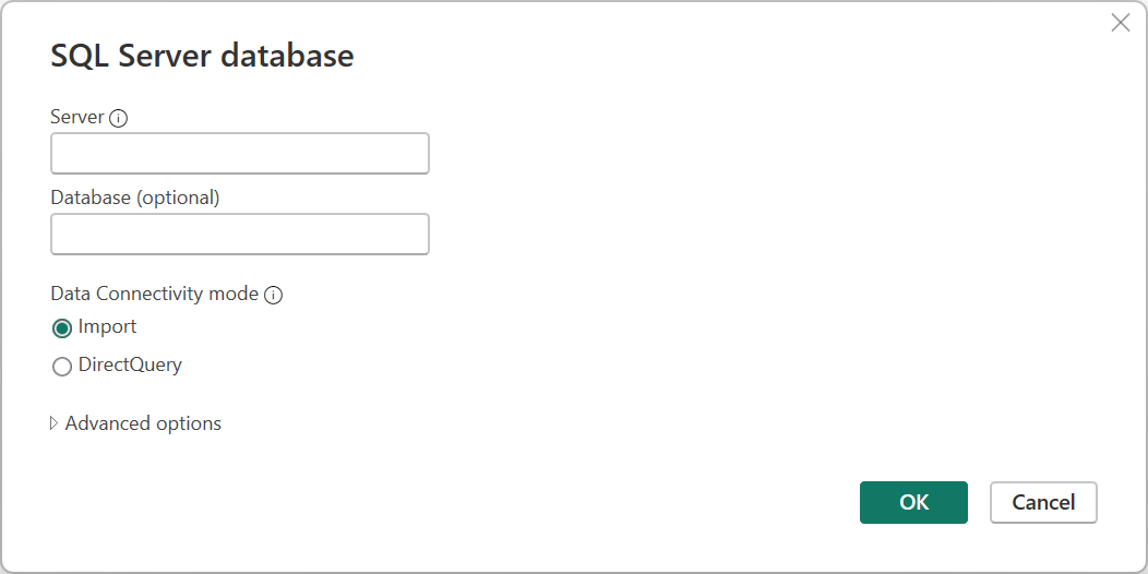 Screenshot dei parametri del connettore SQL Server.