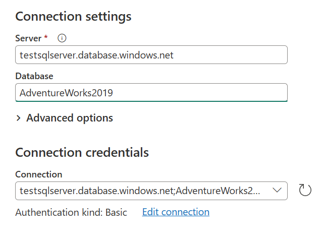 Finestra di dialogo Connetti all'origine dati in cui è stato selezionato il nome della connessione dal menu a discesa all'interno del campo di connessione.