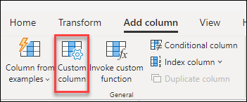 Screenshot della barra multifunzione di Power Query con l'opzione Colonna personalizzata evidenziata nella scheda Aggiungi colonna.