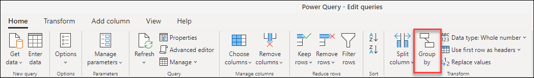 Screenshot della barra multifunzione di Power Query con l'opzione Raggruppa per evidenziata nella scheda Home.