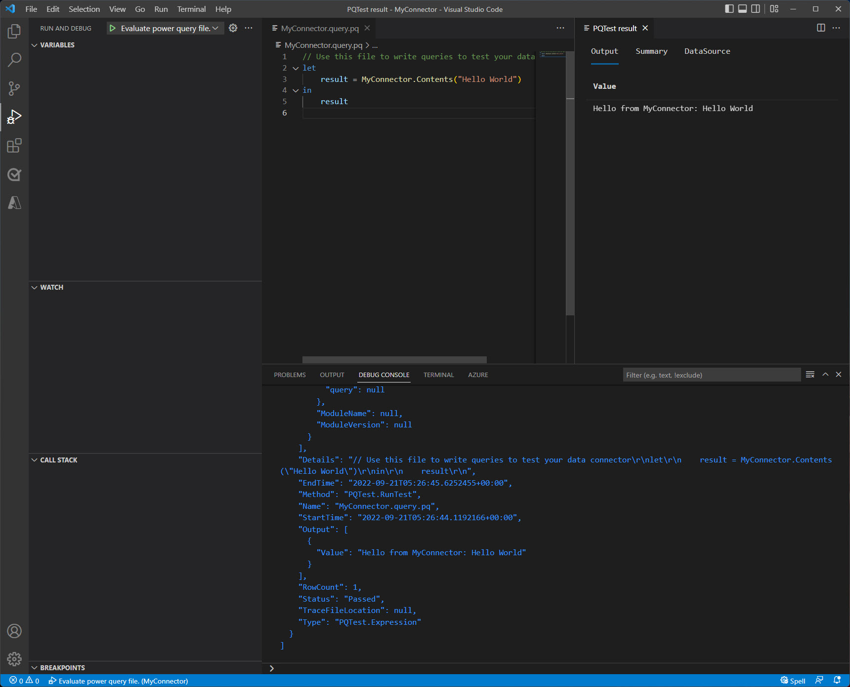 La finestra di Visual Studio Code dopo la valutazione ha finalizzato la visualizzazione dell'output nella console e nel pannello dei risultati.