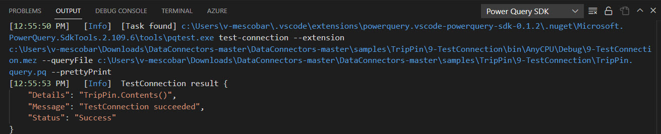 Risultato della funzione Esegui testConnection in Power Query SDK.