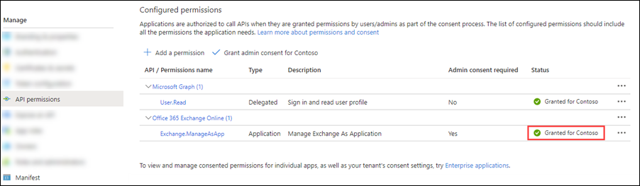 Consenso amministratore concesso per le autorizzazioni Exchange.ManageAsApp.