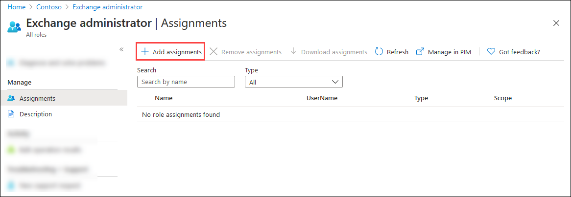 Selezionare Aggiungi assegnazioni nella pagina con le assegnazioni dei ruoli per PowerShell per Exchange Online.