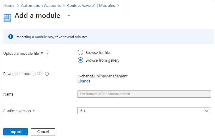 Screenshot dell'aggiunta di un modulo a un account di Automazione nel portale di Azure.