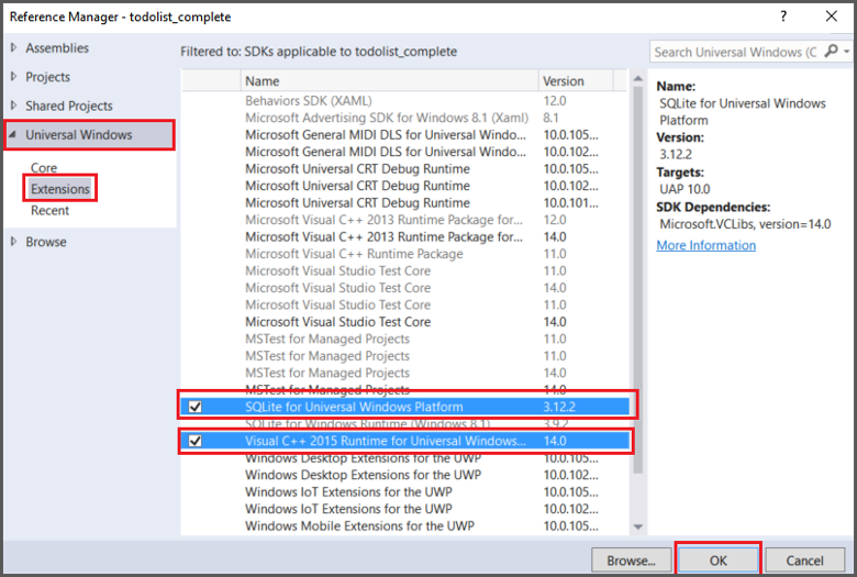 Aggiungere un riferimento UWP SQLite