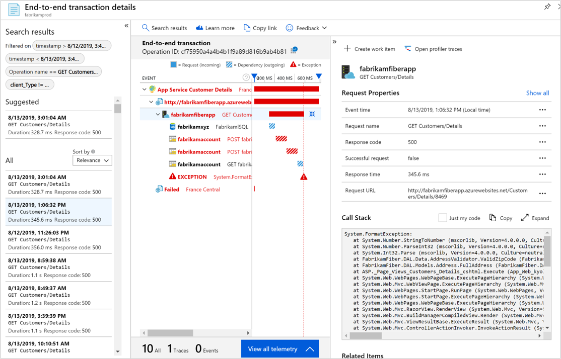 Screenshot che mostra i dettagli delle transazioni end-to-end dell'operazione.