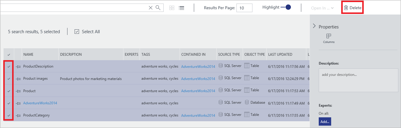 Azure Data Catalog - Eliminare più asset di dati